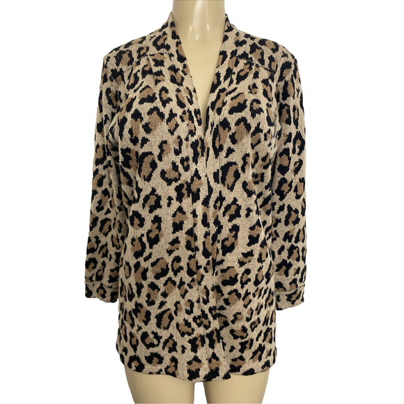 ST JOHN Cardigan Open Sweater Animal Print Brown Beige Leo Vintage S P - Picture 1 of 7